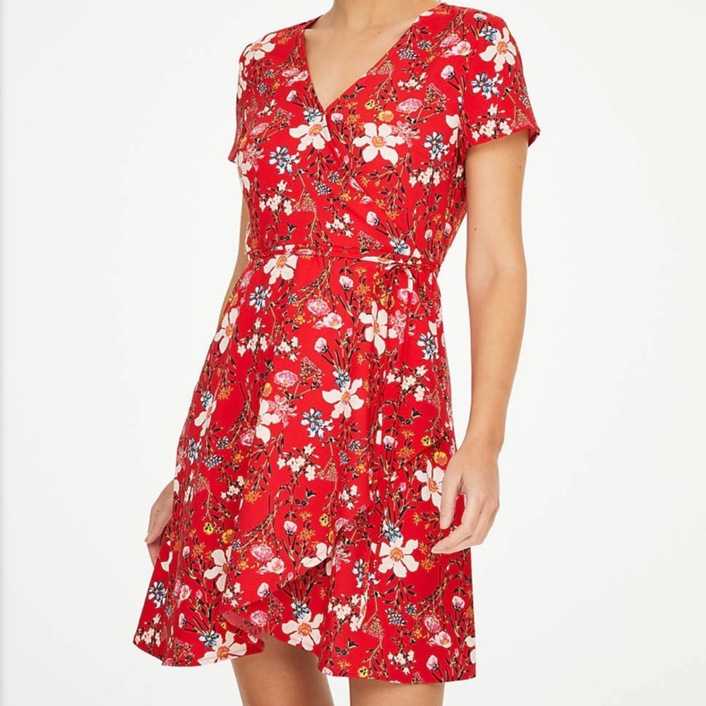 LOFT Red floral loft wrap dress